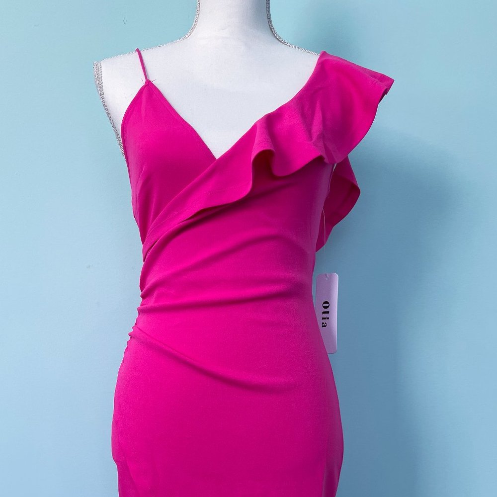 Vivacious Vision Hot Pink Surplice Asymmetrical Midi Dres Size Small